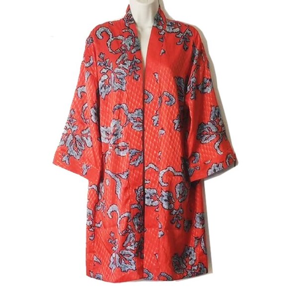 Chicos 36" Satin Kimono Robe Size 1 M Asian Inspired Orange Navy Fully Lined - Picture 1 of 7